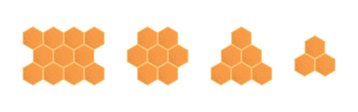 Four honeycomb clusters decreasing in size from left to right, with textured orange hexagons on a white background.