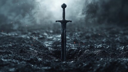 Medieval sword stuck in the ground in a smoky battlefield