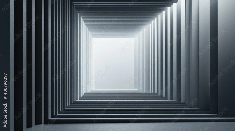 Poster geometric passage with rhythmic linear structures and a luminous vanishing point creating a compelli