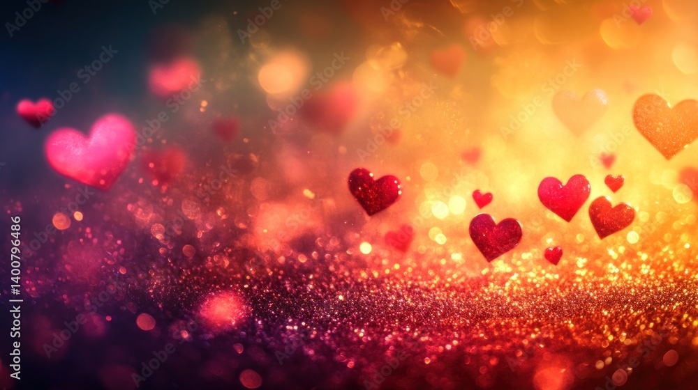 Poster a dreamy valentine's day background with sparkling glitter and floating heart shapes creating a roma