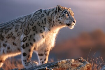 Obraz premium A snow leopard stands poised on a rocky outcrop, bathed in the warm glow of dawn light, revealing intricate fur textures and focused eyes above a vast valley.