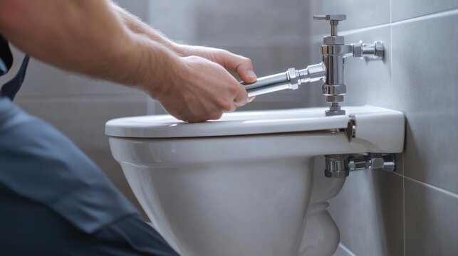 Plumber installing a new toilet in a bathroom. Featuring precision and reliability