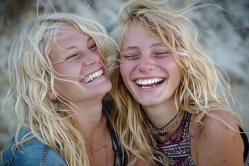 two blond young women laughing and having fun together in nature