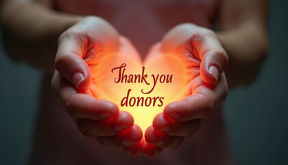 Thankful hands holding a glowing heart with message for donors, Thank you donors text, World Blood Donor's Day  
