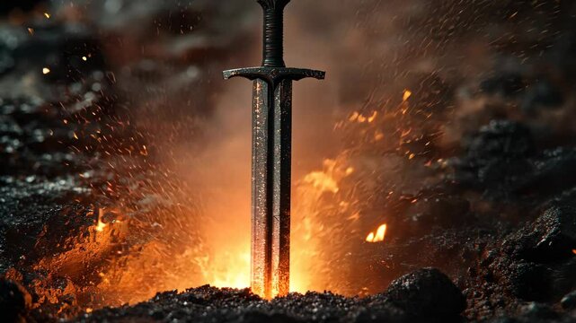 Forged steel sword stands upright amidst burning embers and sparks of fire in a dark, gritty forge setting.