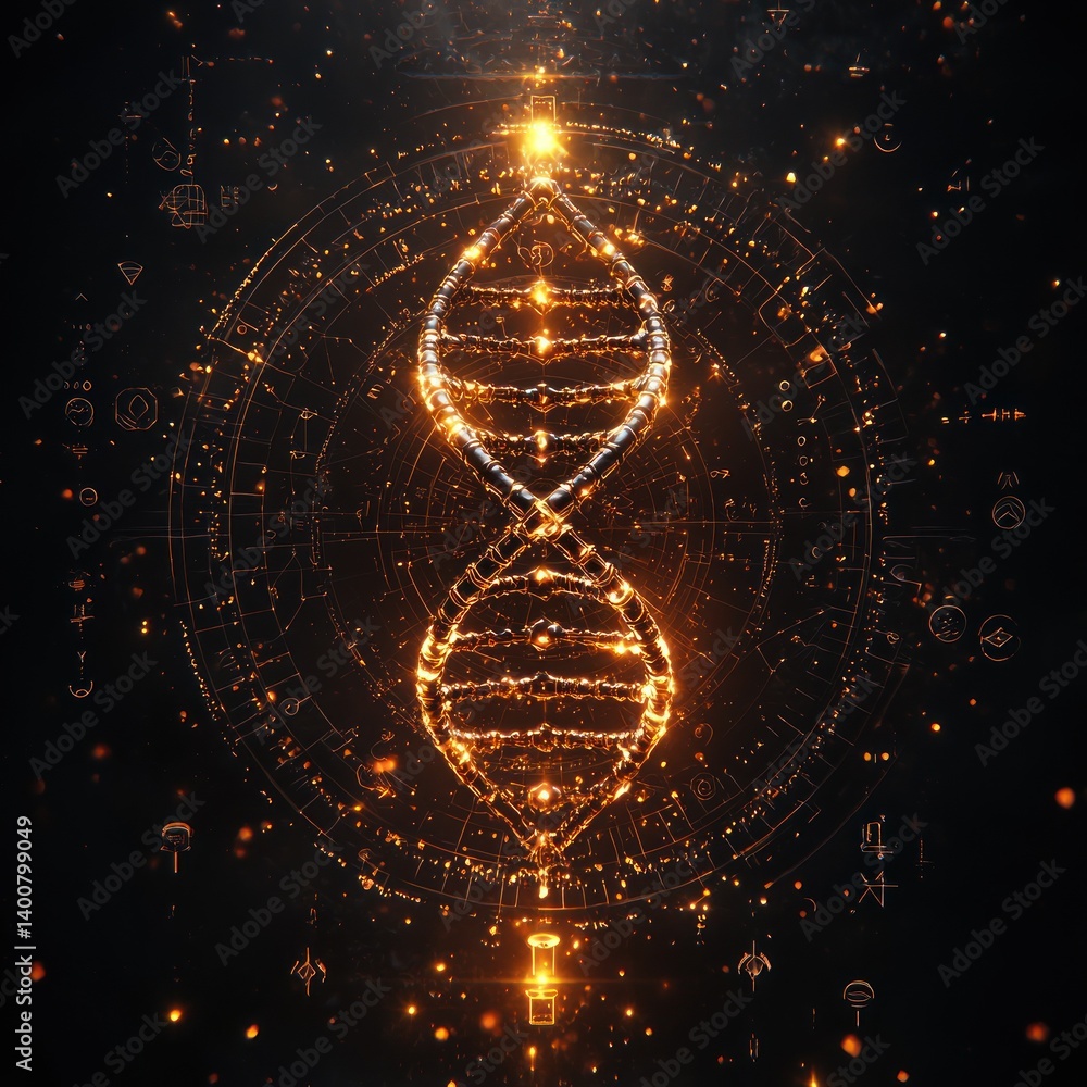 Poster dna helix with golden glow and abstract sci-fi elements around the structure