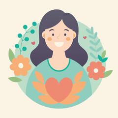 Smiling mother holding heart and bouquet in pastel colors.
