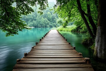Fototapeta premium Rustic Wooden Pier Over Turquoise Lake Surrounded by Lush Green Forest Landscape