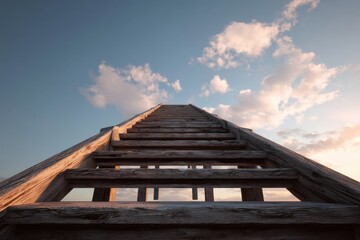 Obraz premium A wooden staircase ascends toward a dusk sky filled with soft clouds, bathed in gentle light and showcasing intricate wood grain detail.