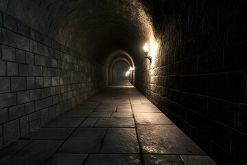 Fototapeta premium A forgotten underground tunnel, lit only by flickering torches and casting eerie shadows on the stone walls.