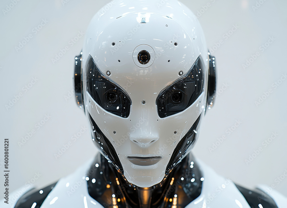 Poster humanoid robot with futuristic design and advanced features isolated on white background