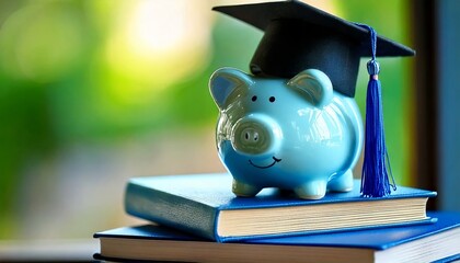 A cheerful blue piggy bank wearing a graduation cap sits atop a stack of books, symbolizing education and financial planning.