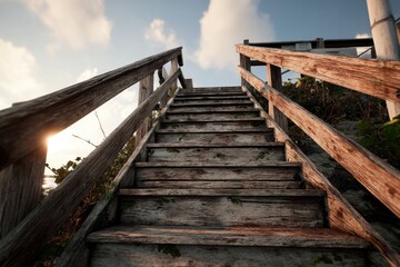 Naklejka premium A weathered wooden staircase ascends toward a vibrant dusk sky, showcasing soft clouds and gentle shadows across its textured surface.