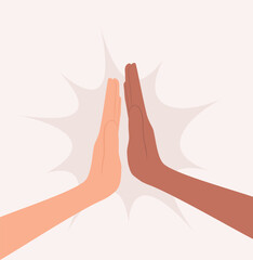 Two people of different nationalities and skin tones giving high five. Flat vector illustration