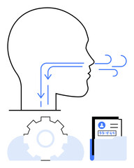 Diagram of human air passage with airflow arrows, gear icon, and document icon suggesting analysis, health monitoring, and system optimization. Ideal for medical, technology, diagnostics, research