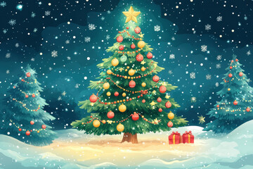 Obraz premium Christmas tree surrounded by beautifully wrapped presents and twinkling lights, creating a warm and festive holiday atmosphere.