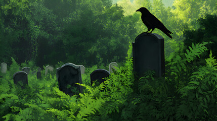 An overgrown, abandoned cemetery with broken tombstones and a single crow perched on the highest one.

