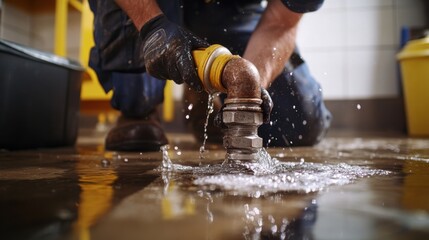Plumber repairing a burst water pipe in a basement. Featuring quick response and expertise