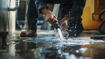 Plumber repairing a burst water pipe in a basement. Featuring quick response and expertise
