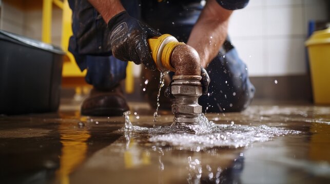 Plumber repairing a burst water pipe in a basement. Featuring quick response and expertise - Powered by Adobe
