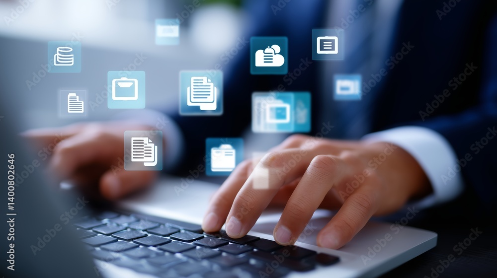 Poster professional working on a laptop with digital icons representing cloud storage and file management