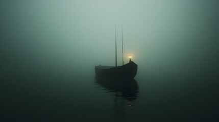 A mysterious ship sailing through a fog-covered sea, with only its dim lanterns visible through the mist.

