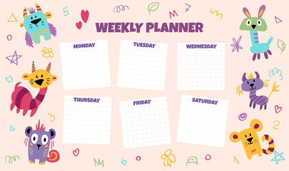 Weekly planner, back to school timetable template with cute kind monster dinosaurs. Kids schedule design template. Vector children flat illustration