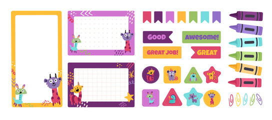 Obraz premium Cute set of printable weekly or daily planner with kind monsters, note paper design, school timetable, template and to do list. and cute stickers of different shapes. Vector children illustration