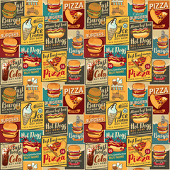 vector seamless retro pattern of posters on the theme of restaurants and shops fast food, drinks, pizzerias and ice cream. Hamburger, cheeseburger, hot dog
