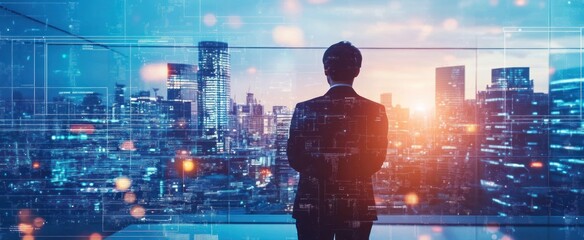 Fototapeta premium A businessman contemplates a cityscape from an office window view
