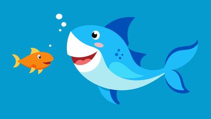 Obraz premium Joyful Adventure This illustration captures the playful essence of a shark and goldfish swimming together. The shark is drawn in a cartoonish style its wide mouth forming a smile