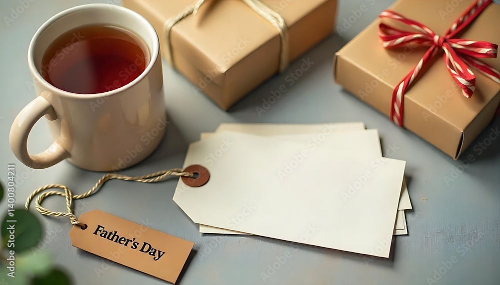 Fototapete father's day card empty tag. space for text label. cup and present box on table. gift box and bevera