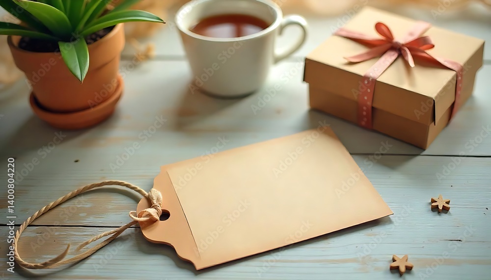Fototapete Father's day card empty tag. Space for text label. Cup and present box on table. Gift box and beverage. Objects. Summer time created with generative ai