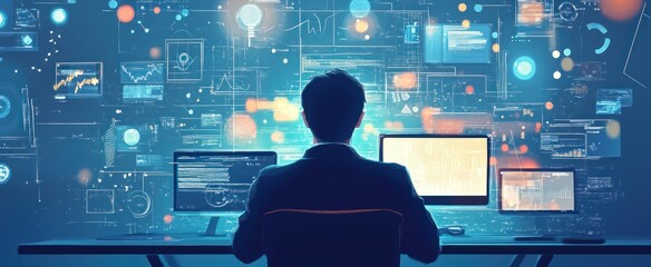 A person analyzing data displayed on multiple computer screens