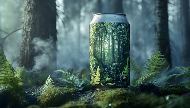 A beautifully designed beverage can featuring a lush forest scene, set in a serene forest environment with ferns and mist, creating an artistic connection between nature and refres