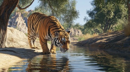 Fototapeta premium Majestic Tiger by the Creek: A Serene Wildlife Scene