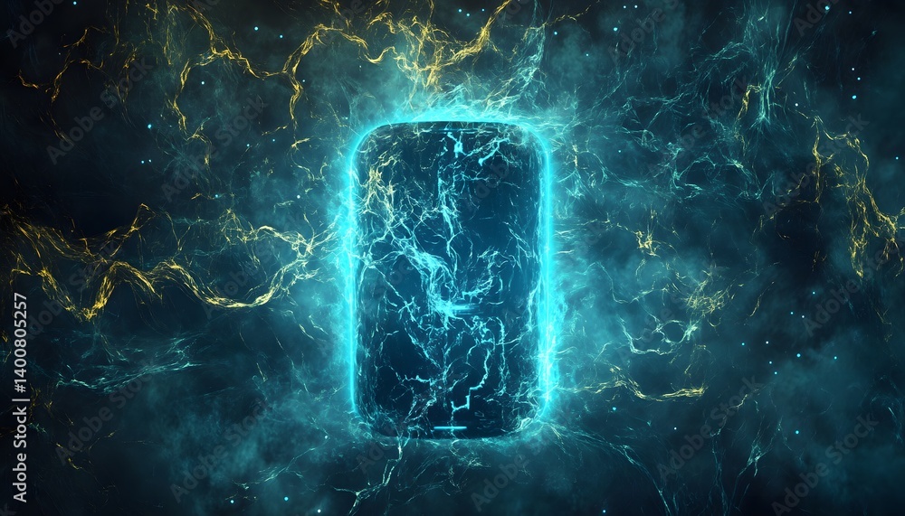 Poster a captivating illustration of a glowing rectangular object surrounded by dynamic electric energy