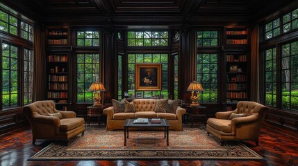 Luxurious Library with Panoramic Windows and Rich Woodwork