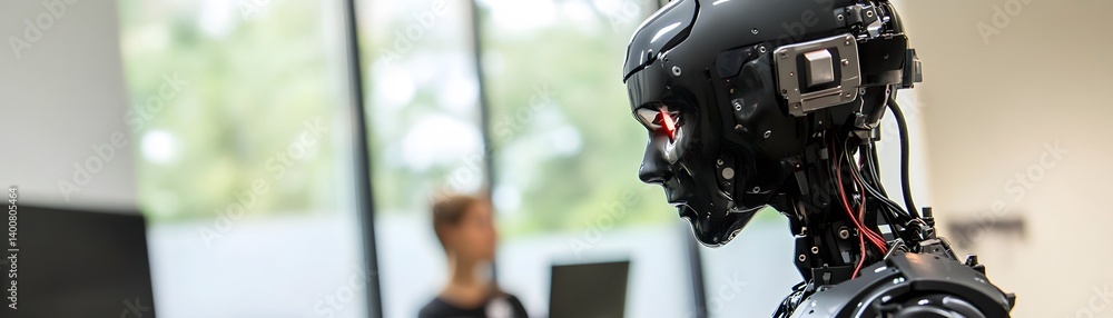 Poster a close-up of a futuristic robot showcasing advanced features in a modern workspace, highlighting th