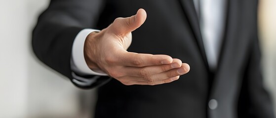 Fototapeta premium A close-up of a professional businessman's hand reaching out in a gesture of greeting or offering. This image conveys themes of opportunity, partnership, and connection.