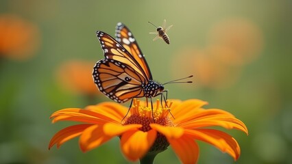 Obraz premium Butterfly dances and bees fly between flowers