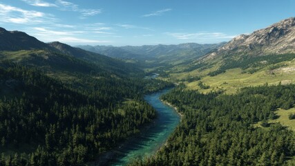 Fototapeta premium Aerial view of a pristine mountain landscape with river, trees, and sky.