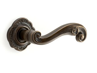 Antique bronze door handle with a traditional design, isolated from a diagonal angle against a white backdrop, rendered in high-definition precision.
