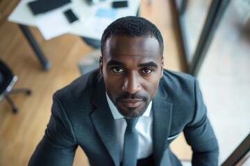 Fototapeta premium wide angle above portrait of a Middle aged african american businessman looking at camera in office