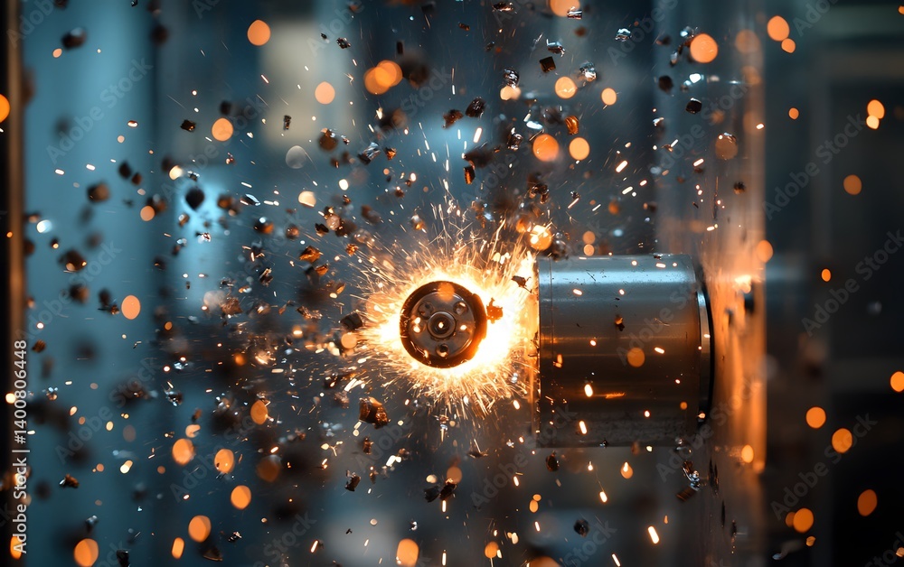 Poster a dynamic close-up of a metalworking process showcasing sparks flying as a drill interacts with stee