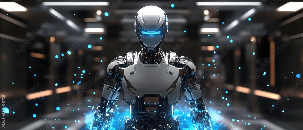 Aufkleber a futuristic robot stands in a sleek, high-tech environment, showcasing advanced design and glowing 