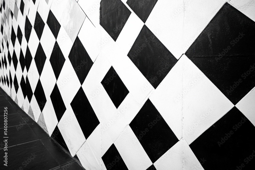 Poster Bold black and white diagonal stripes and checkerboard pattern create modern graphic design in urban setting