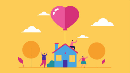 Goodbye Wave An illustration showing a quaint little house being lifted into the air by a giant heartshaped balloon. The balloon is illustrated with bright pink and yellow hues.