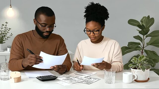 Couple setting a monthly budget together at a dining table