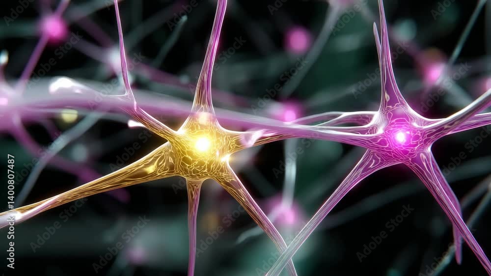 Poster observe detailed interactions of neurons and their connections highlighting brain activity and commu